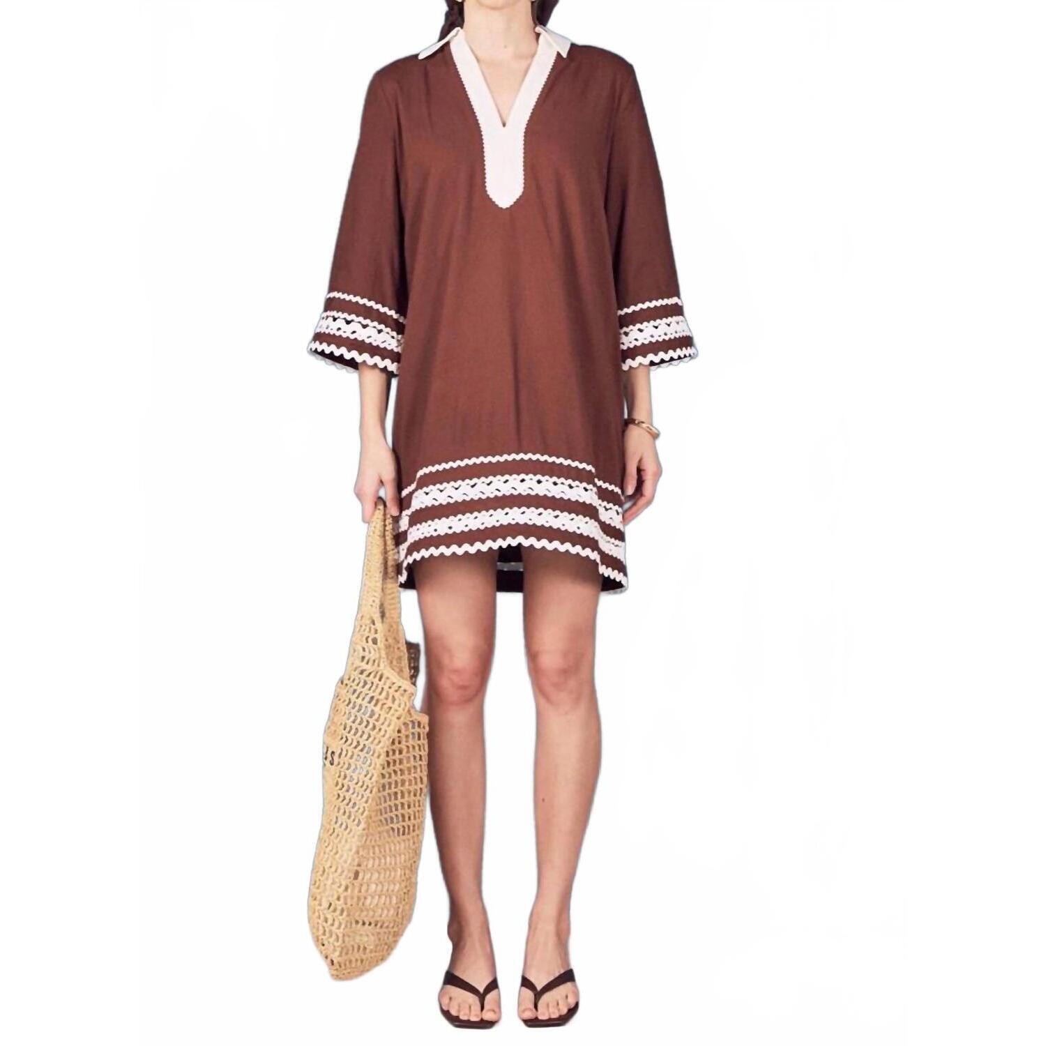 New English Factory Ric Rac Tunic Mini Dress In Chocolate Brown
